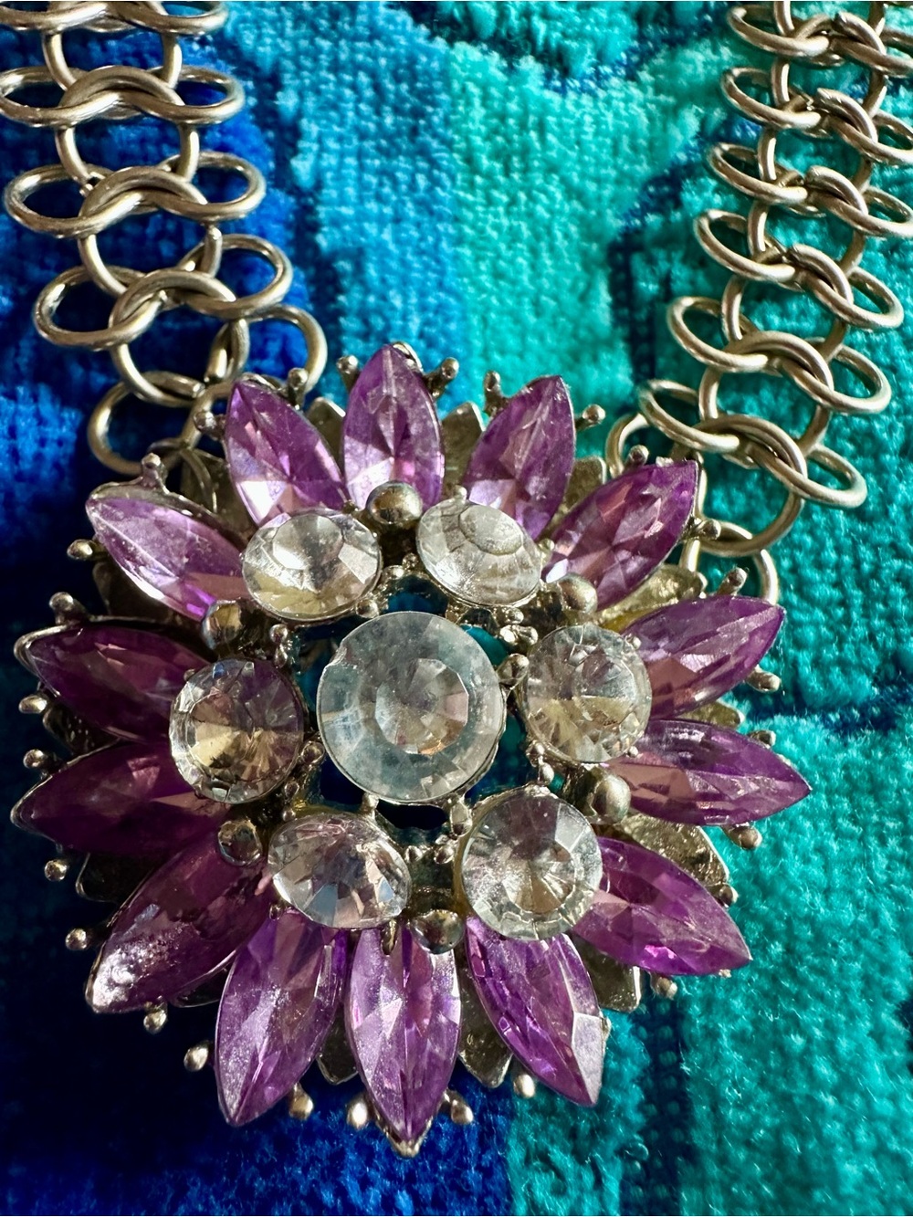 Silver Necklace with Purple Crystal Flower Pendant choker style
